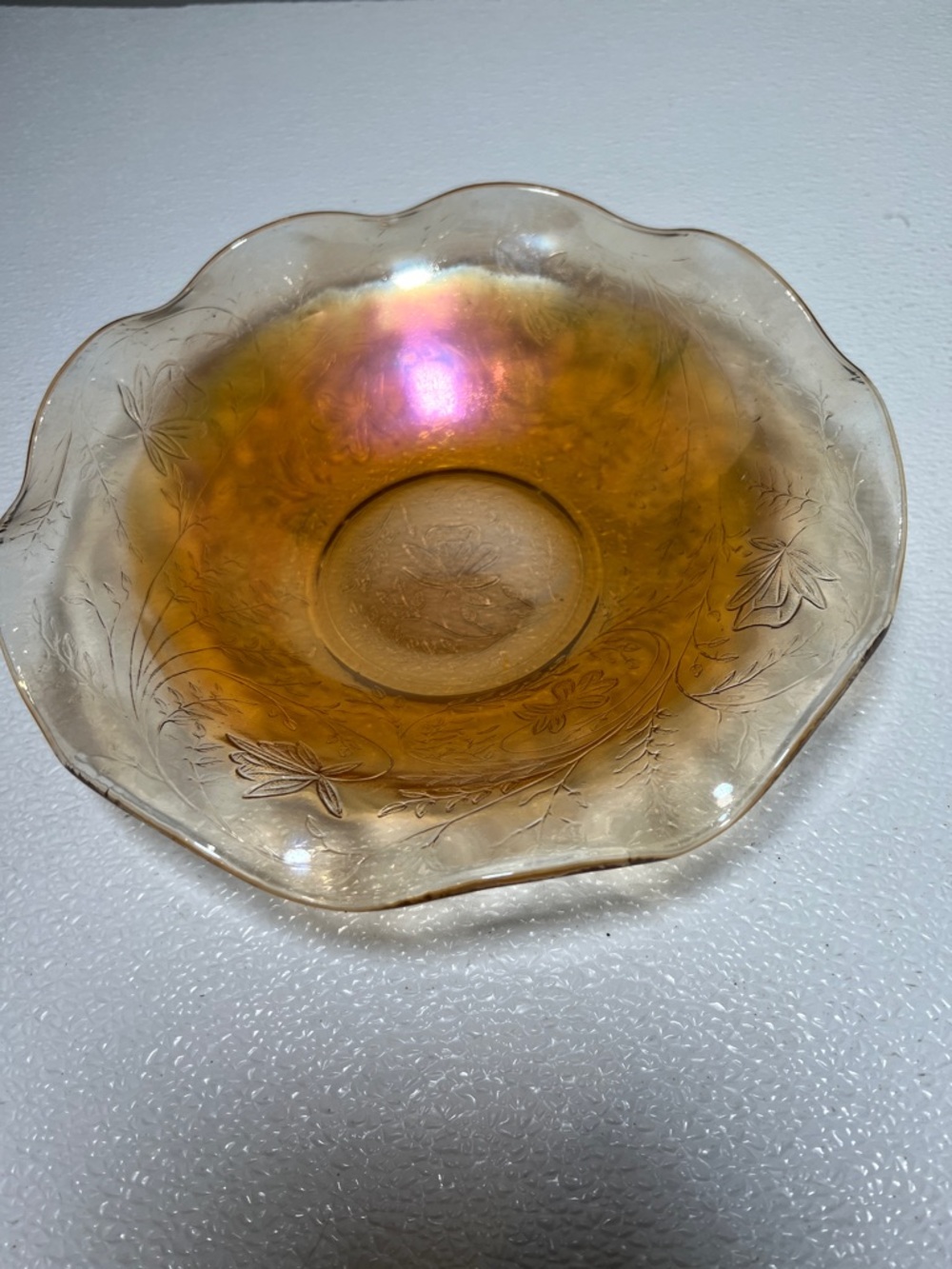 Vintage 1960's Iridescent Carnival Glass Floral Bowl - Amber Gold